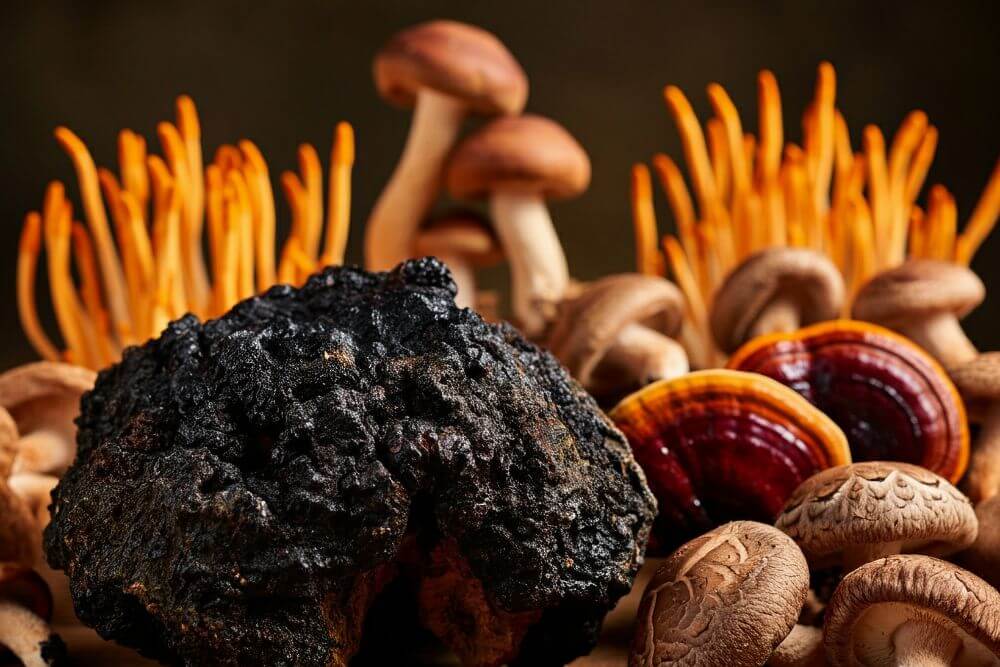 Close-up of a variety of medicinal mushrooms, including chaga, reishi, shiitake, and cordyceps. The mushrooms are arranged in an artistic composition, showcasing different shapes, colors, and textures, emphasizing their natural and organic appearance.