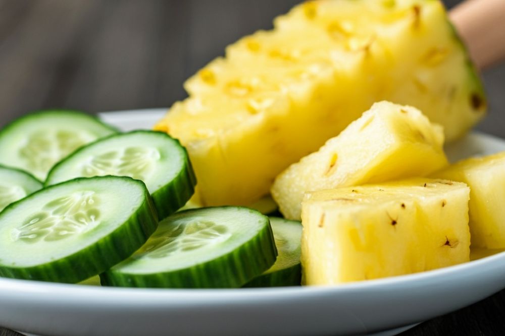 Fresh pineapple chunks and sliced cucumbers