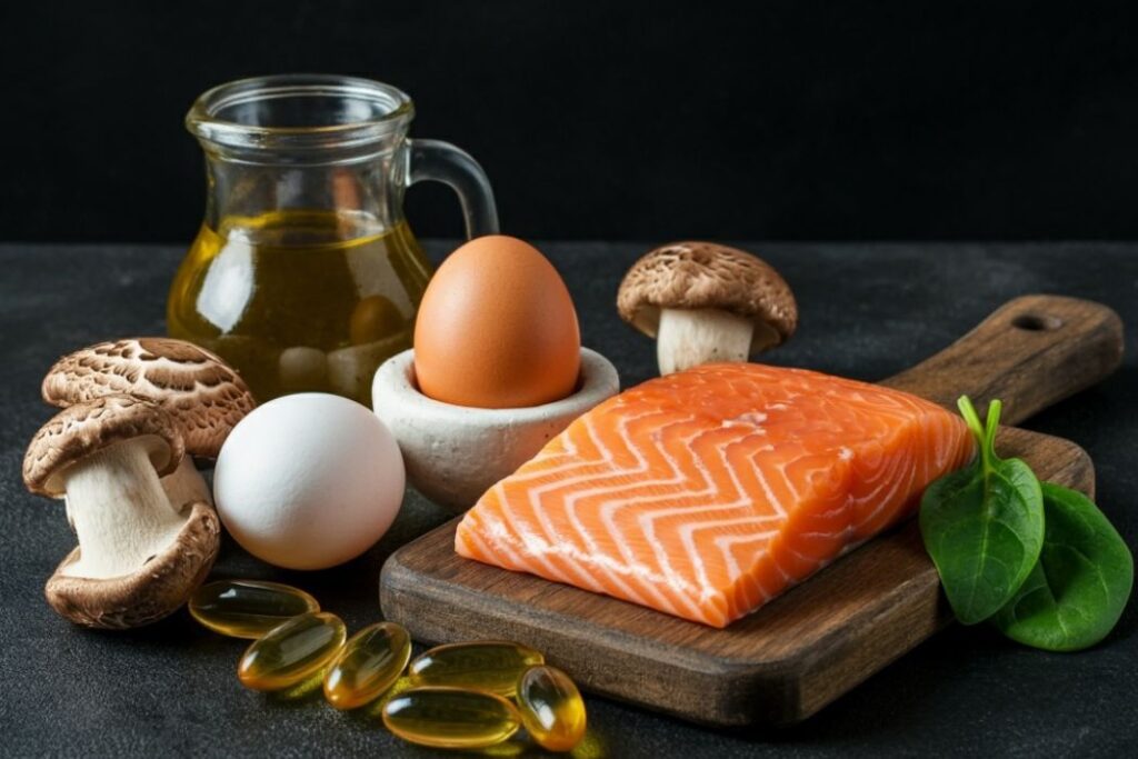 Healthy sources of vitamin D: salmon, eggs, mushrooms...