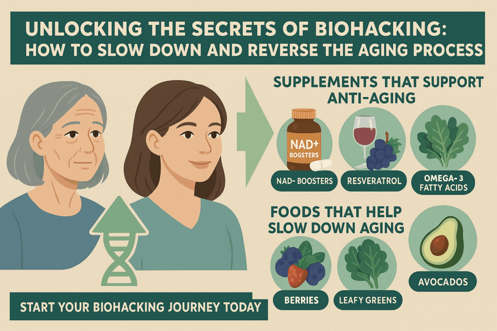 Illustration of anti-aging through biohacking with supplements and foods like NAD+, berries, and avocados.