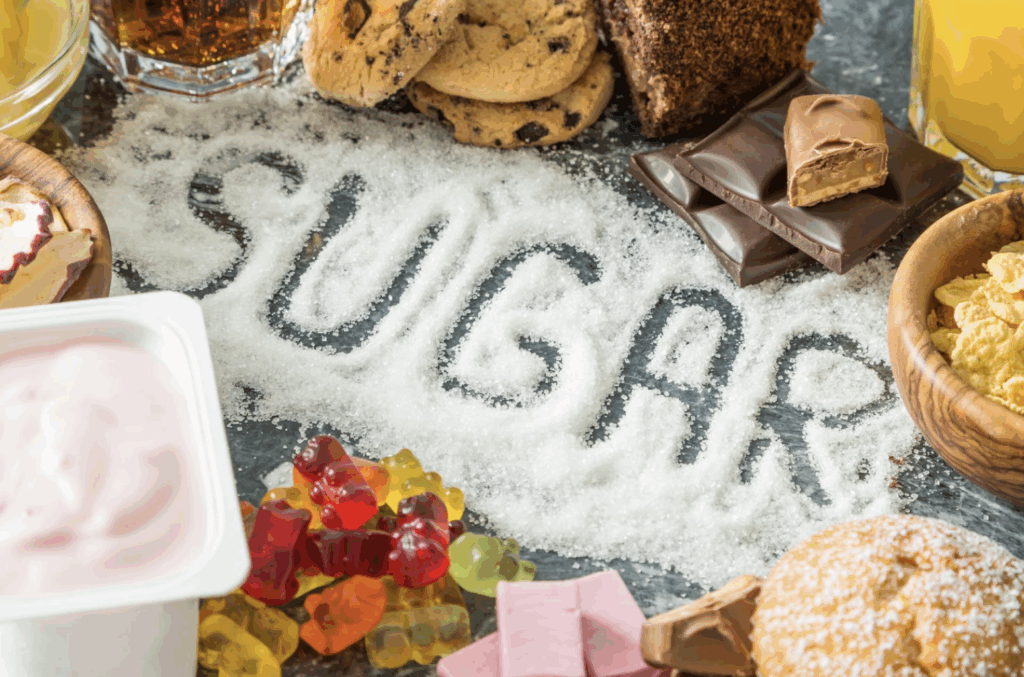 The word "SUGAR" written in granulated sugar, surrounded by sweet foods like cookies, chocolate, gummy bears, pastries, and juice.