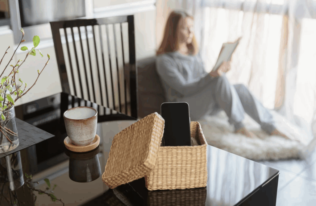 Women relaxing without phone, reading a book, digital tex time.