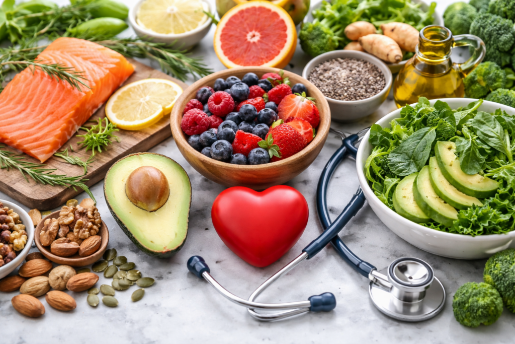 **Alt Text:**
A colorful assortment of heart-healthy foods including salmon, avocado, berries, leafy greens, nuts, seeds, and olive oil, arranged on a marble surface. At the center is a red heart-shaped object and a stethoscope, symbolizing cardiovascular wellness.
