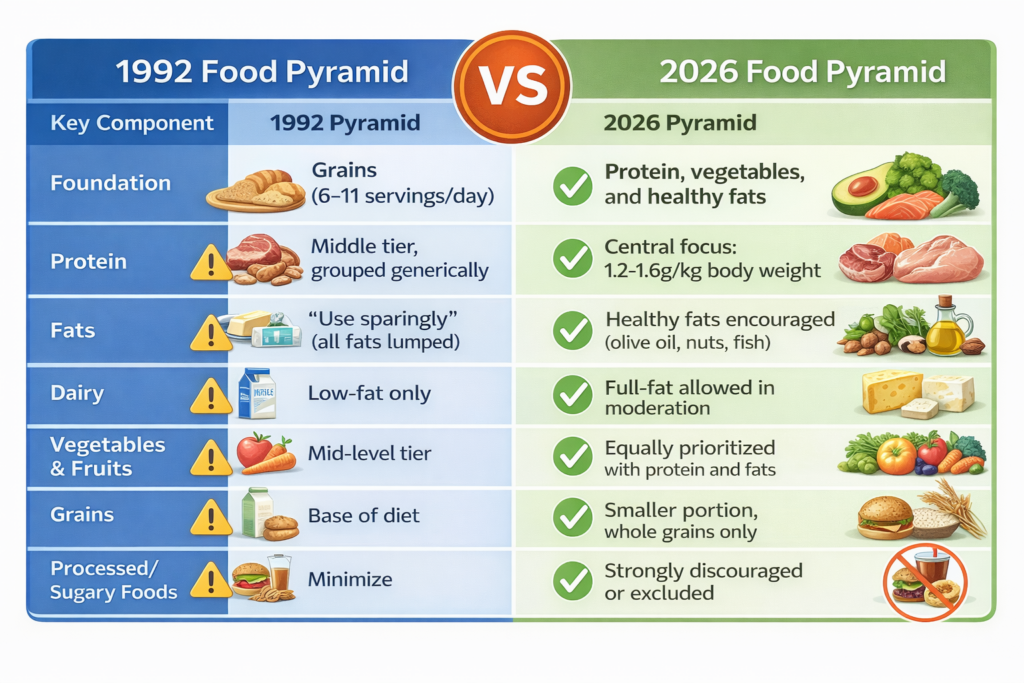 Side-by-side comparison chart of the 1992 vs. 2026 USDA Food Pyramids. The 1992 pyramid places grains at the base (6–11 servings/day), groups protein generically in the middle tier, and recommends using fats sparingly. Dairy is low-fat only, fruits and vegetables are mid-tier, and processed/sugary foods are minimized. In contrast, the 2026 pyramid emphasizes protein, vegetables, and healthy fats as the foundation. Protein is central (1.2–1.6g/kg body weight), healthy fats like olive oil and nuts are encouraged, full-fat dairy is allowed in moderation, and fruits and vegetables are equally prioritized. Grains are reduced to smaller portions of whole grains, while processed foods and added sugars are strongly discouraged or excluded. Green checkmarks and warning icons visually reinforce the contrast.