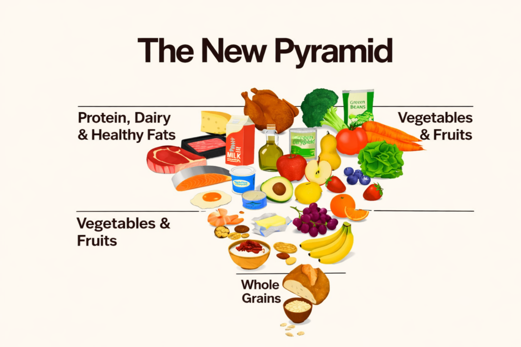 llustration of an upside-down food pyramid labeled “The New Pyramid.” At the top (widest part), it emphasizes protein, dairy, and healthy fats, including salmon, steak, eggs, olive oil, cheese, and whole milk. The middle layer features a wide variety of vegetables and fruits, such as broccoli, carrots, lettuce, apples, oranges, bananas, and grapes. At the narrow bottom point are whole grains like oats, brown bread, and crackers. The design visually flips the traditional food pyramid, prioritizing nutrient-dense whole foods over grains and processed items.