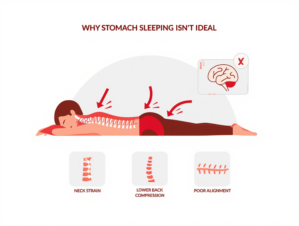 Illustration showing why stomach sleeping isn’t ideal, depicting a person lying face down with highlighted spine pressure, neck strain, lower back compression, and poor alignment indicators.