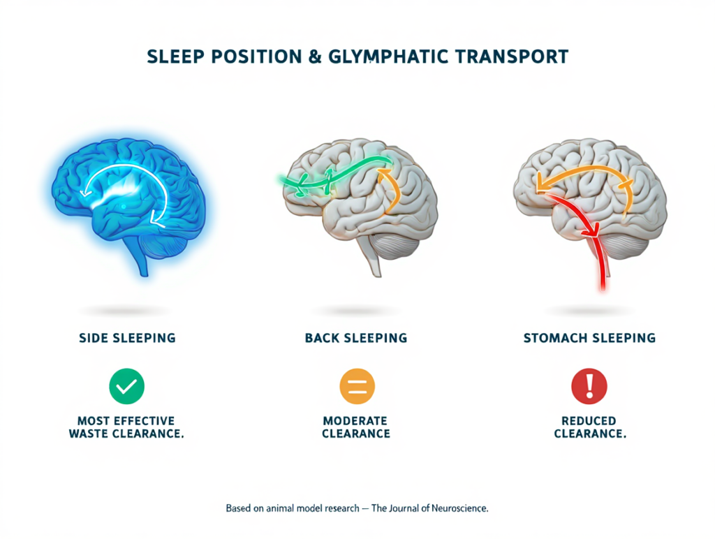 Graphic comparing sleep position and glymphatic transport, showing side sleeping with most effective brain waste clearance, back sleeping with moderate clearance, and stomach sleeping with reduced clearance.
