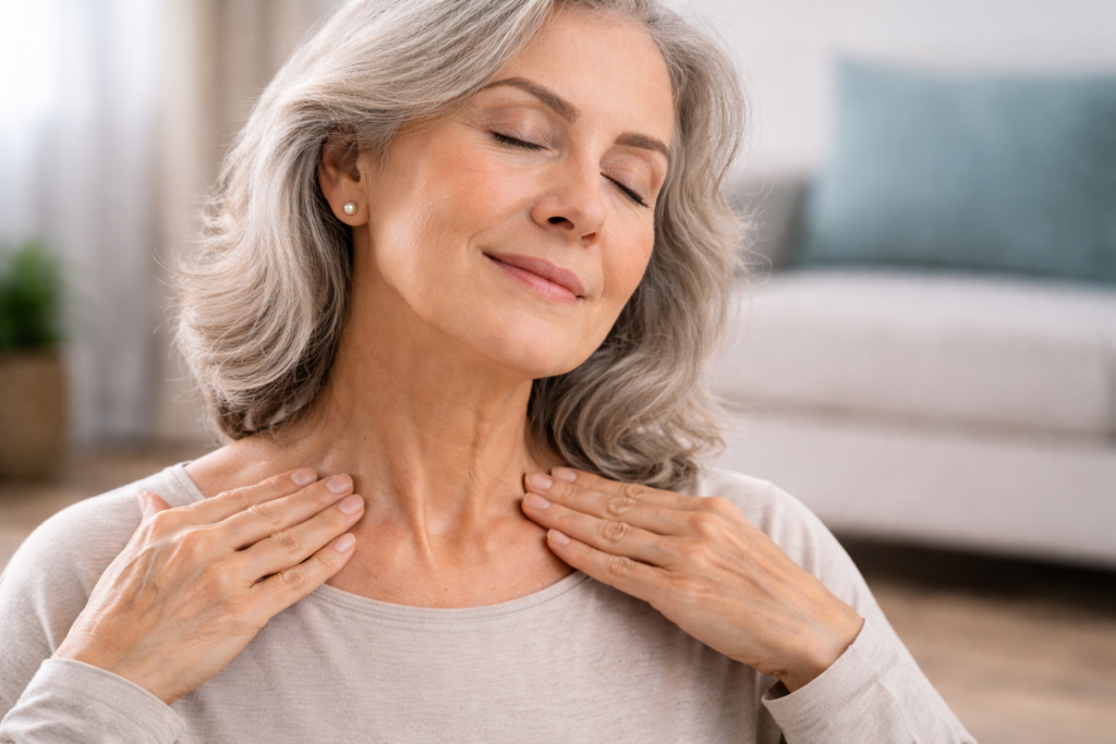 Older woman gently massaging the area above her collarbones with both hands to stimulate lymphatic drainage and encourage healthy lymph flow.