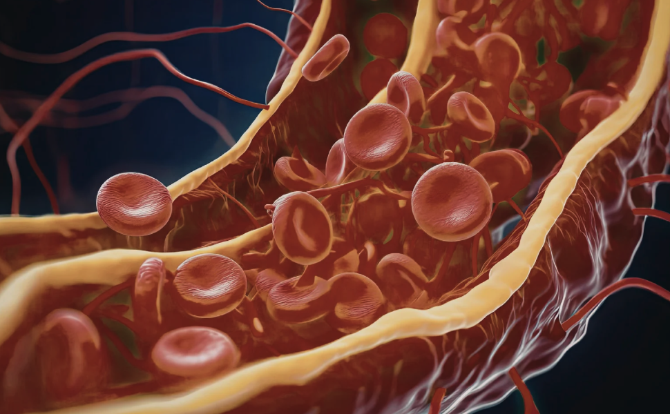 Close-up medical illustration of red blood cells flowing through a blood vessel, showing circulation inside an artery and the movement of oxygen-carrying cells through the bloodstream.