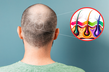 Back view of a man with visible thinning hair on the crown, with a close-up illustration showing hair follicles beneath the scalp