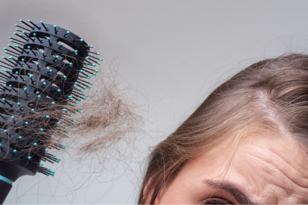 Back view of a man with visible thinning hair on the crown, with a close-up illustration showing hair follicles beneath the scalp